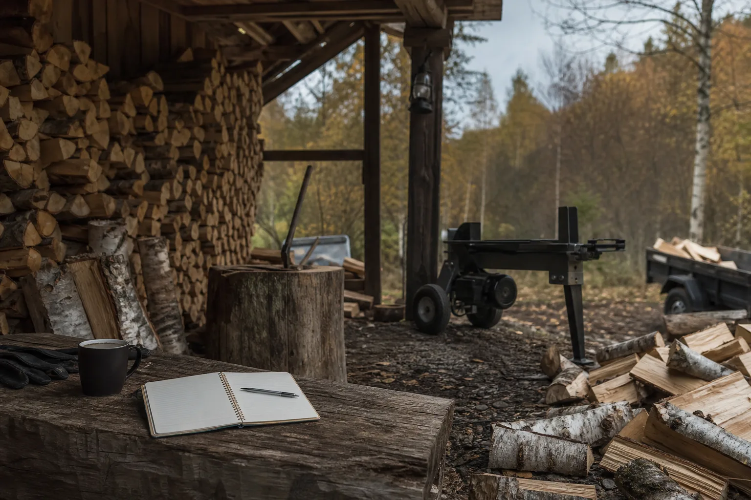 Anteckningsbok och penna på en bänk i vedbod