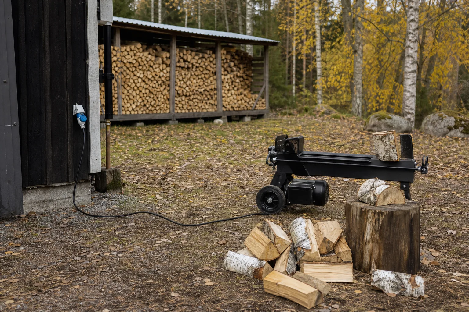 Vedklyv inkopplad vid utomhusuttag på gårdsplan