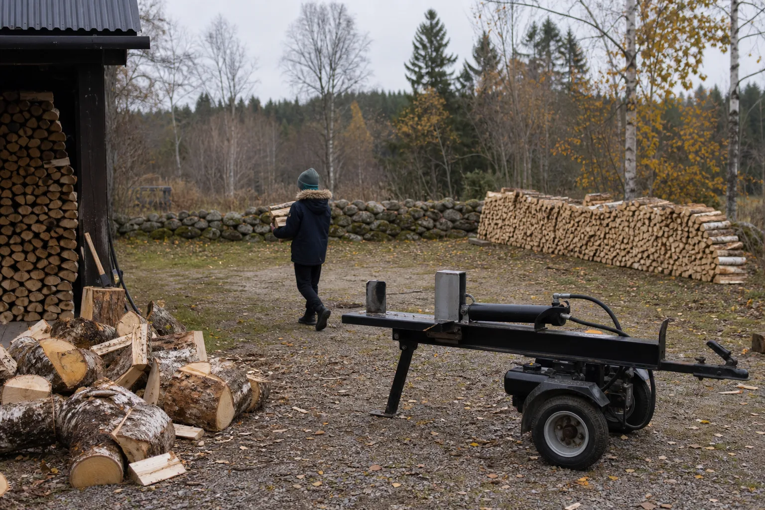Barn bär ved till en stapel medan en vedklyv står stilla