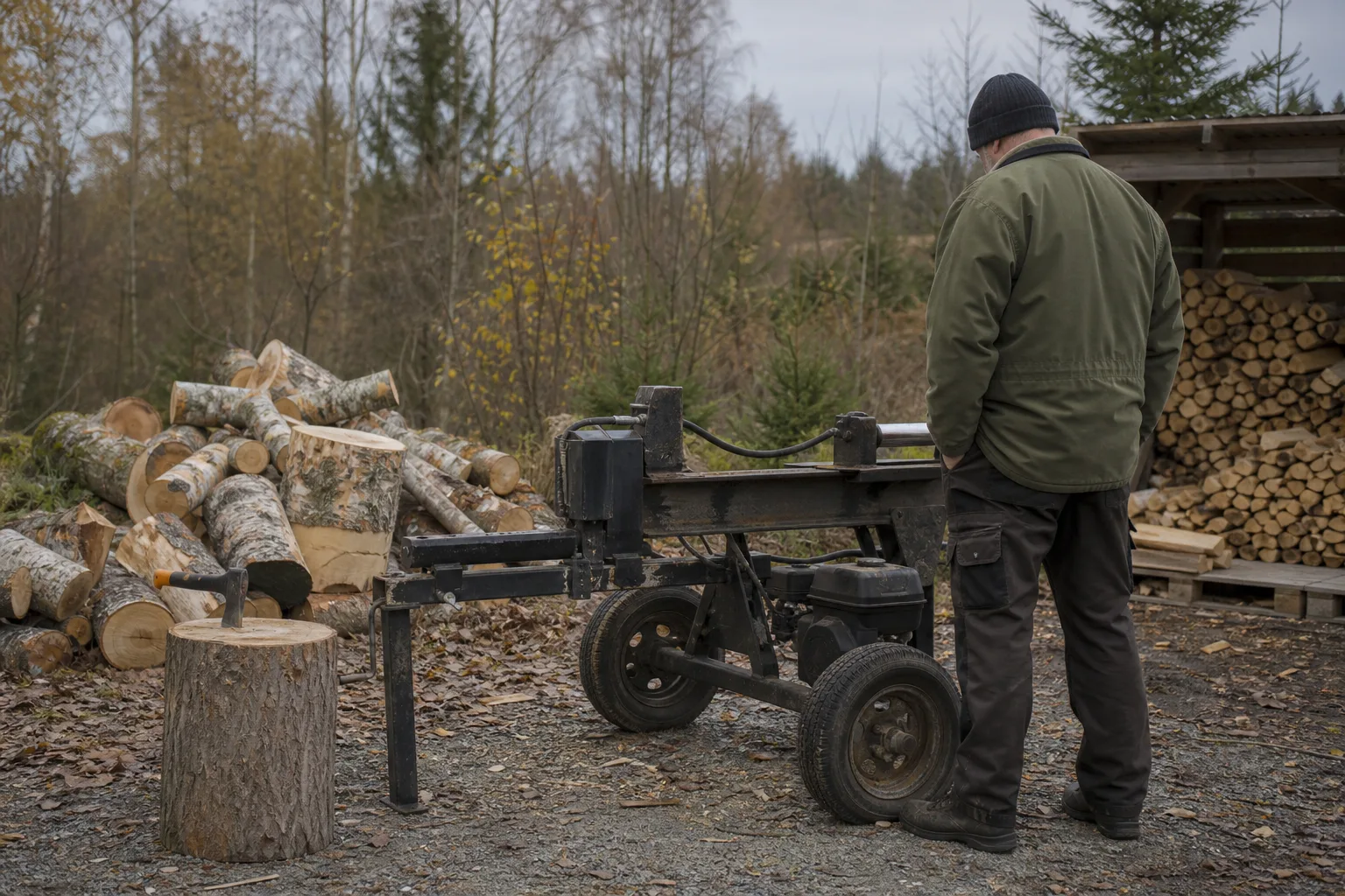 Äldre vedklyv med synligt slitage på gårdsplan