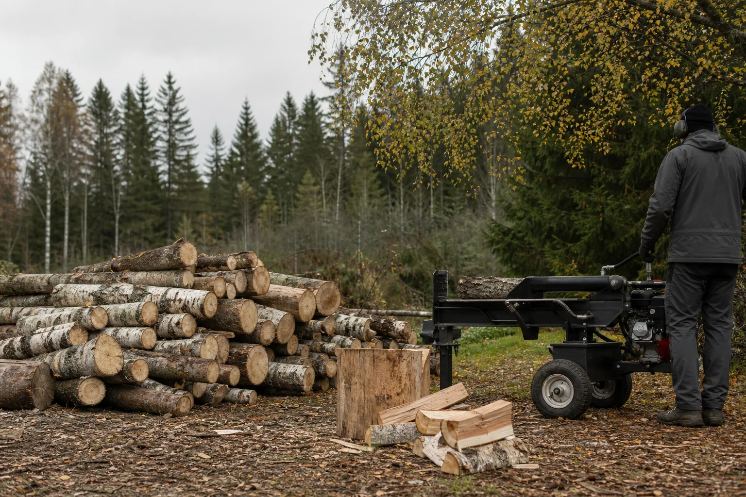 Bensindriven vedklyv bredvid en stockhög vid skogsbryn