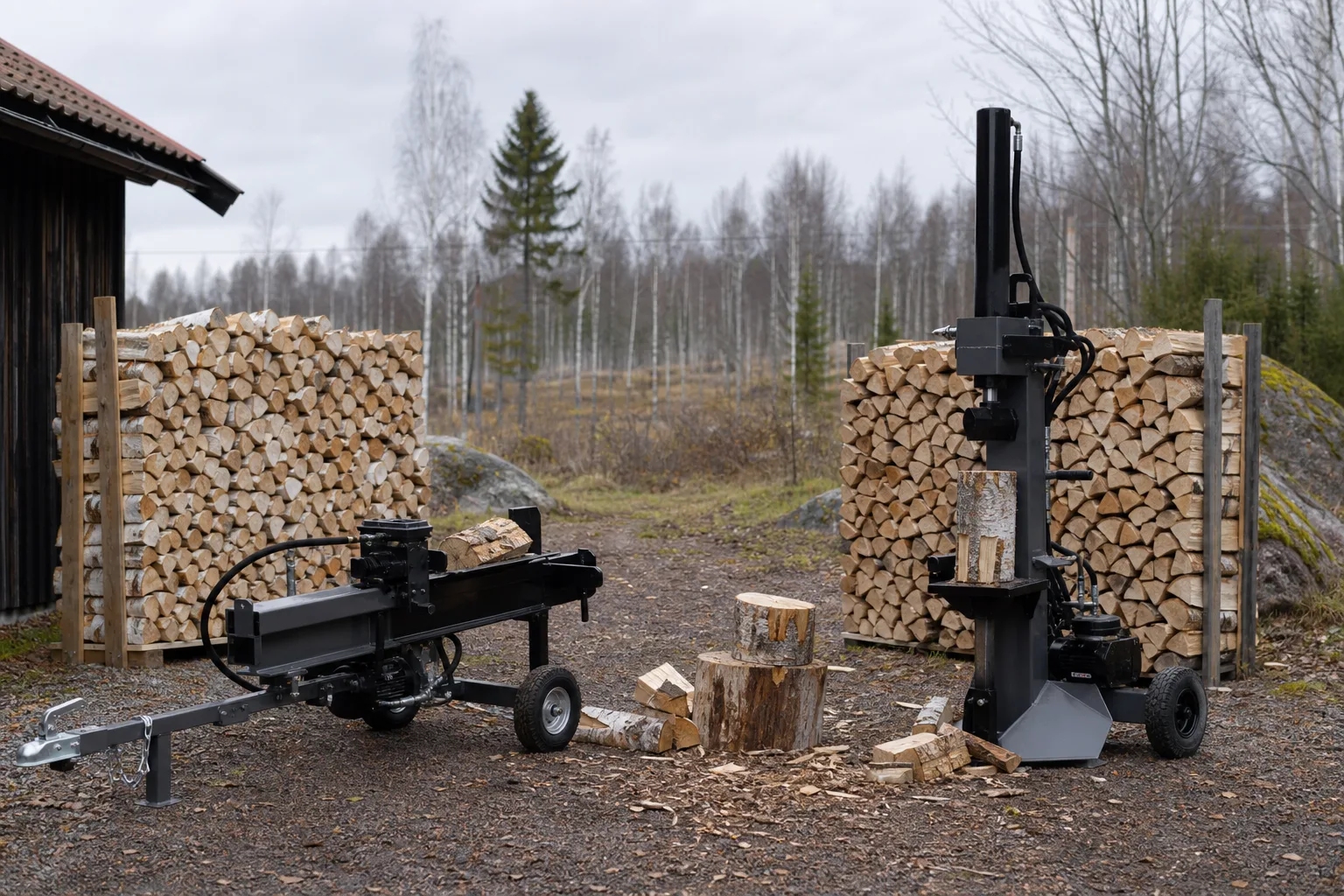 Två vedklyvar sida vid sida med samma vedlängd
