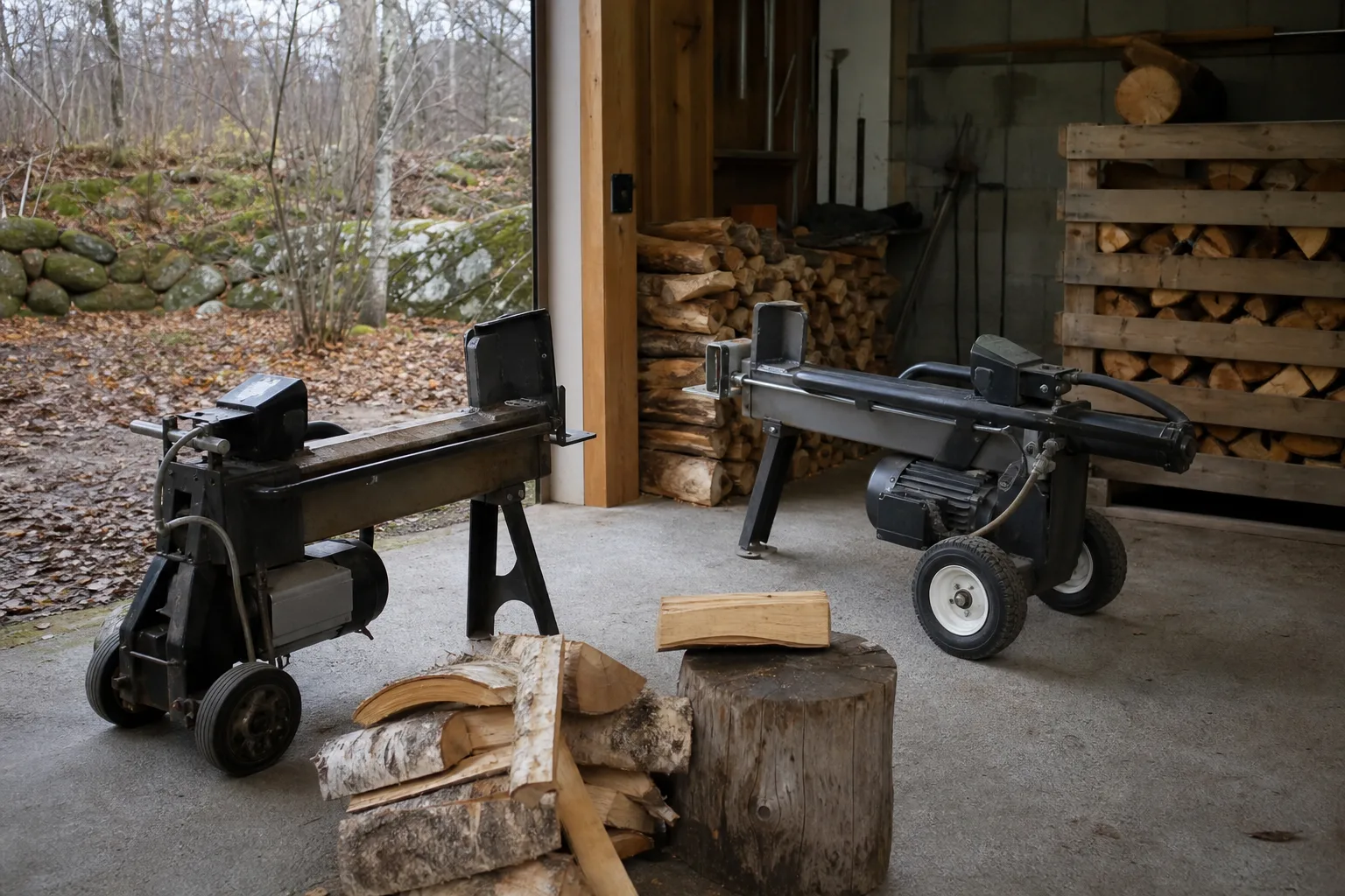 Äldre kompakt vedklyv bredvid en nyare modell i garage