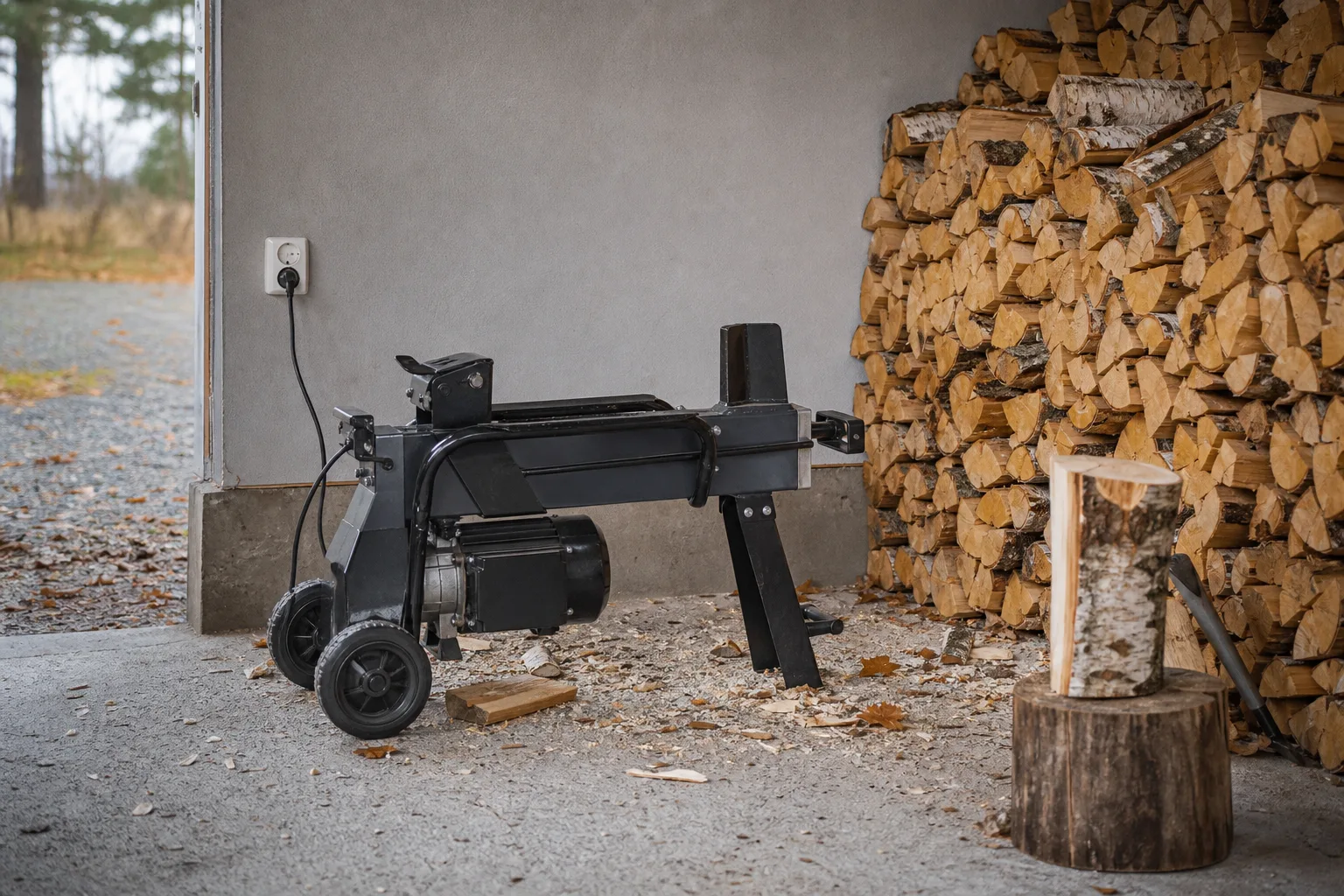 Elektrisk vedklyv ansluten till ett vägguttag i garage