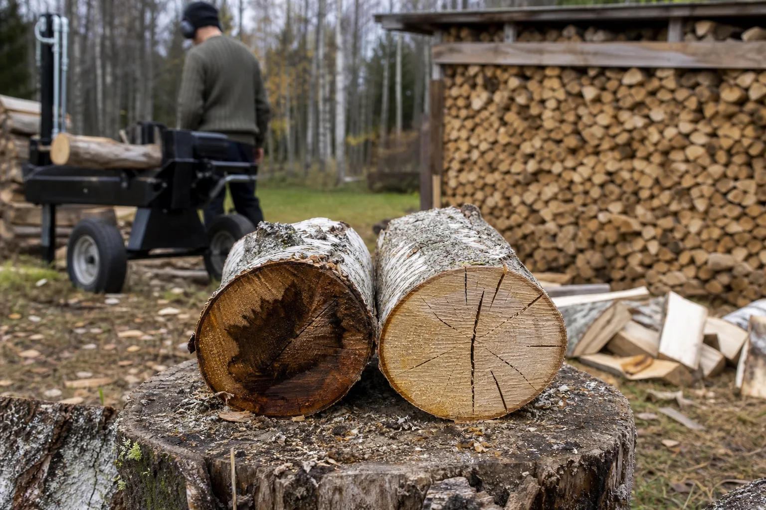 Fuktig och torr kubbe bredvid varandra på en huggkubbe