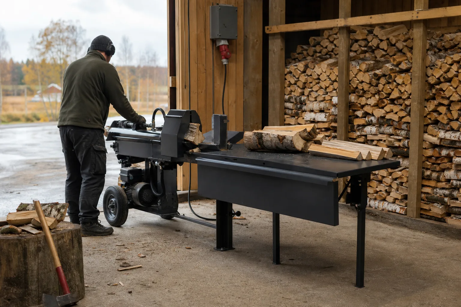 Vedklyv med uppsamlingsbord i lantbruksverkstad