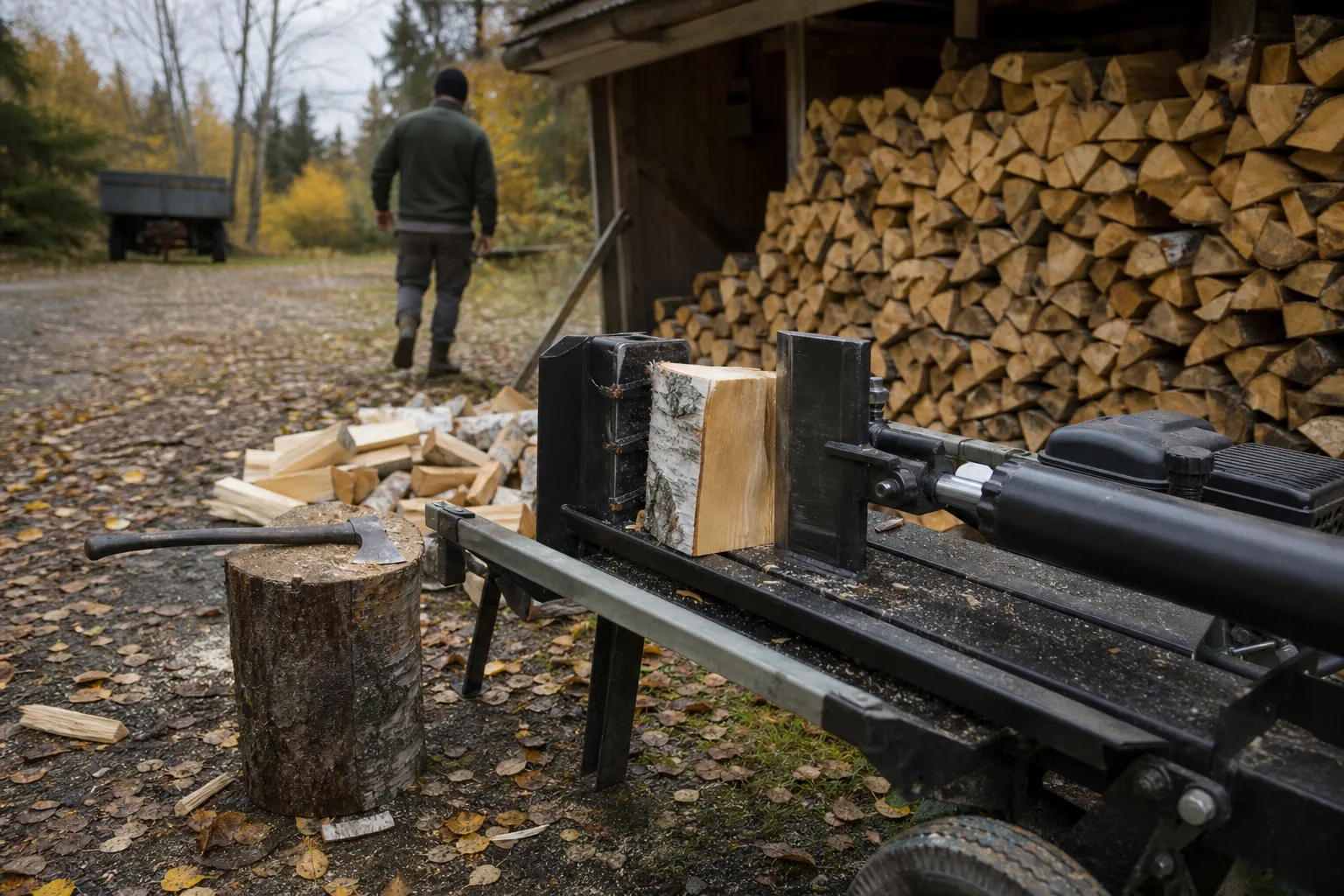 Avstängd vedklyv med en kvarliggande kubbe i öppningen