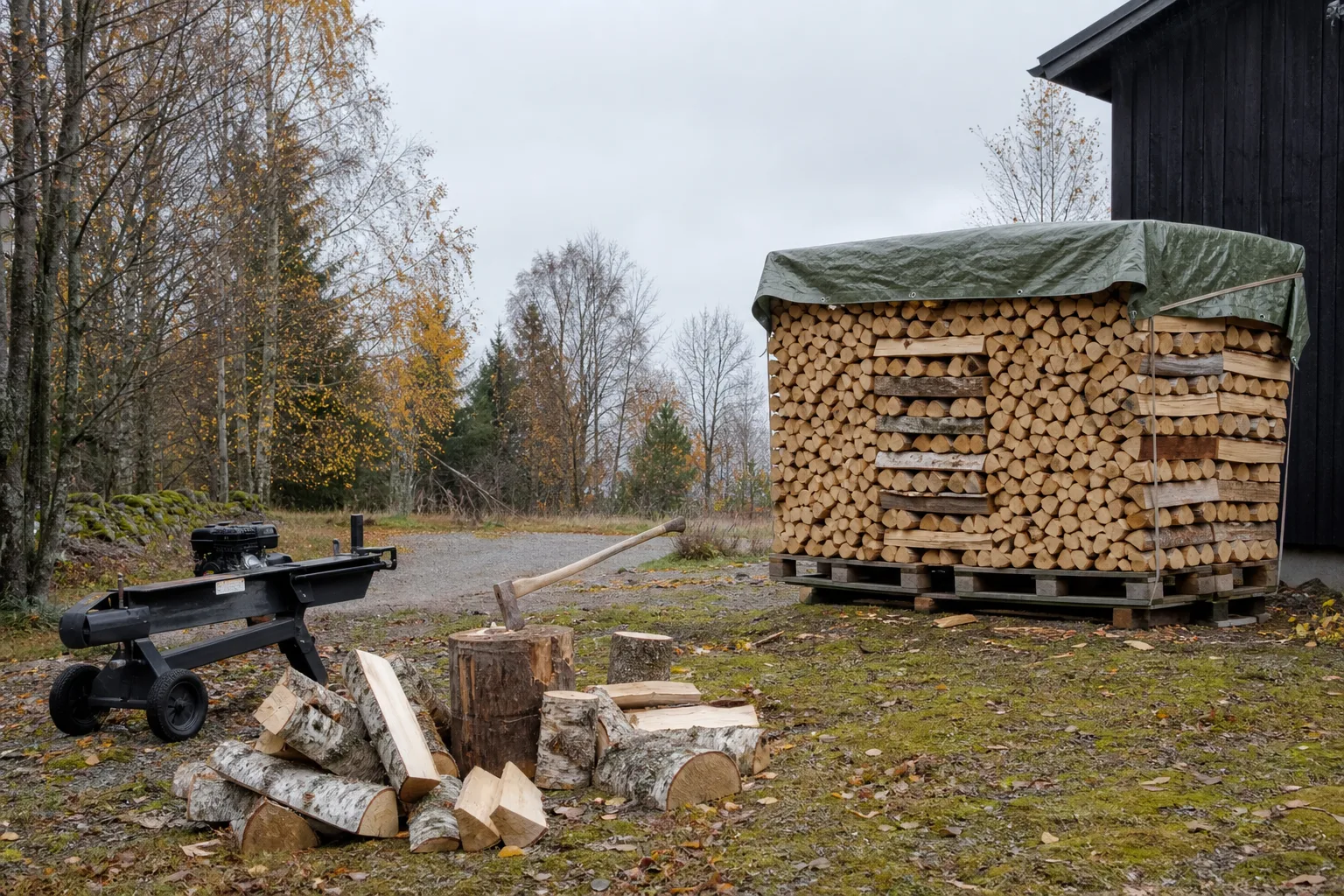Vedstapel på pall skyddad ovanpå med en presenning