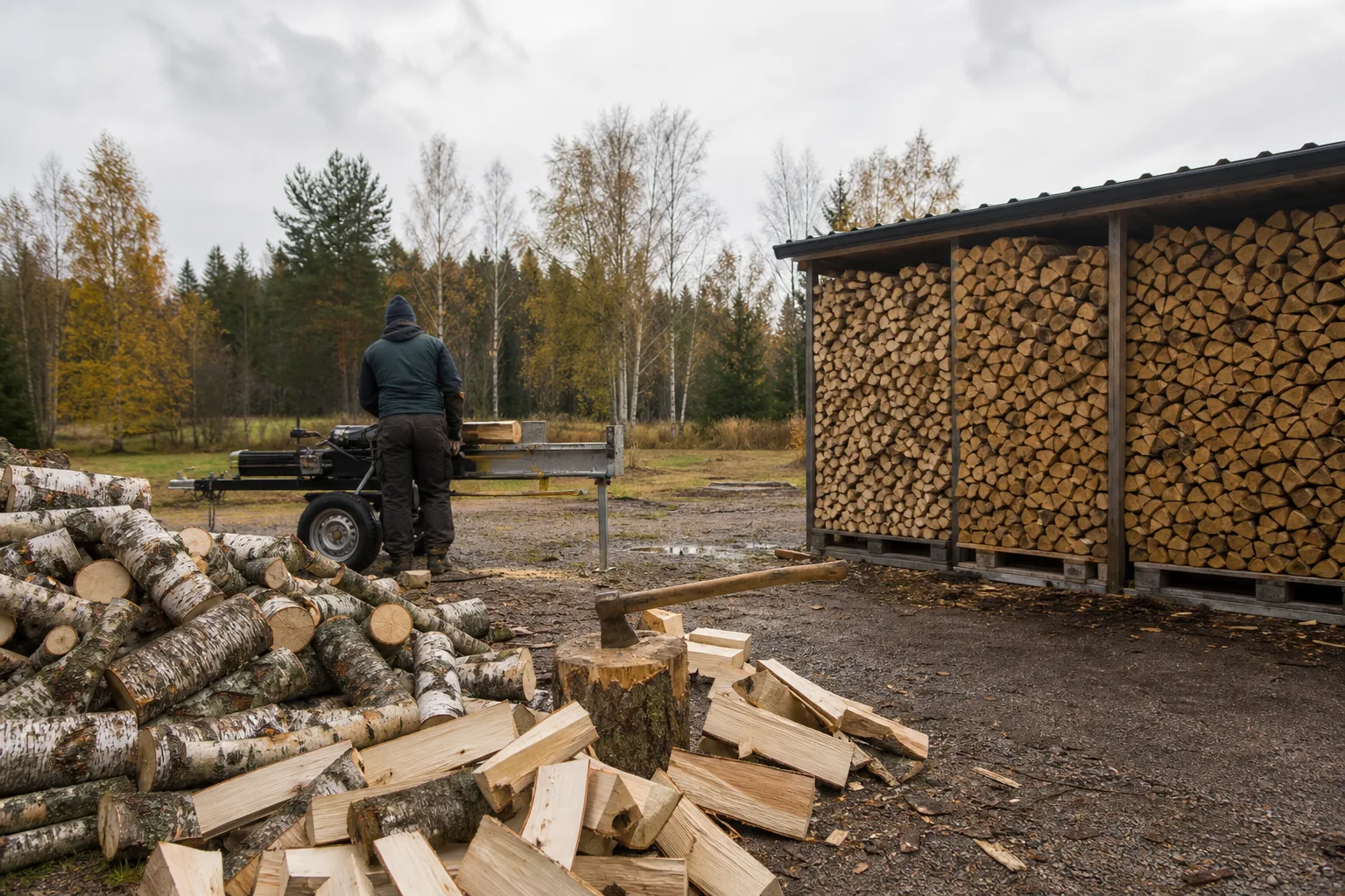 Färsk och torr vedtrave bredvid varandra på gårdsplan