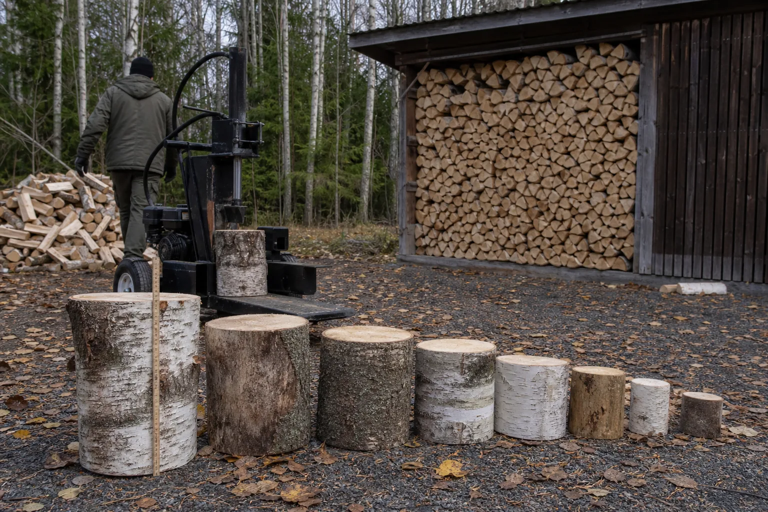 Tumstock mäter en kubbes diameter bredvid en vedklyv