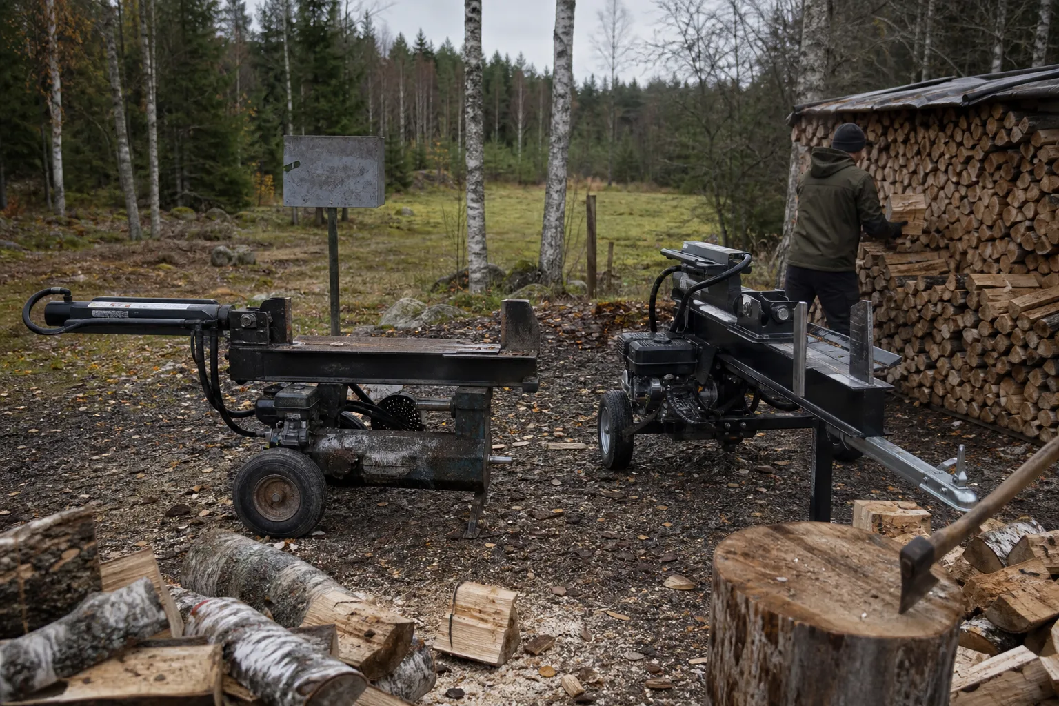 Två vedklyvar av olika ålder bredvid varandra på gårdsplan