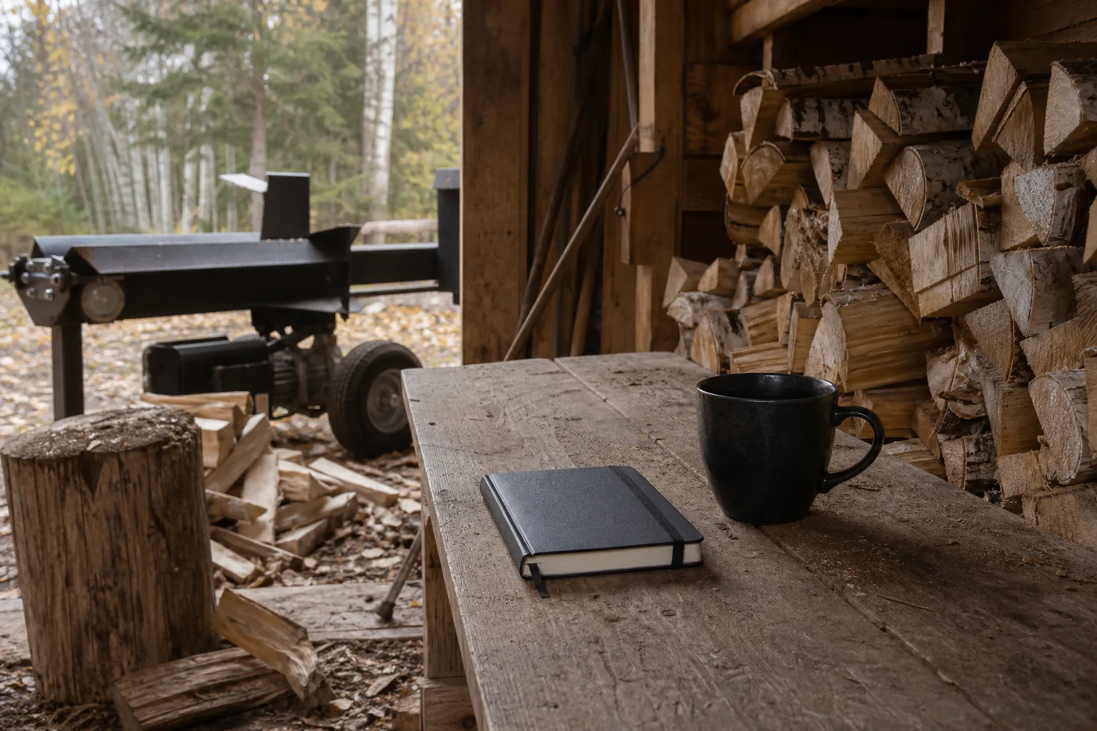 Stängd anteckningsbok och kaffekopp i vedbod