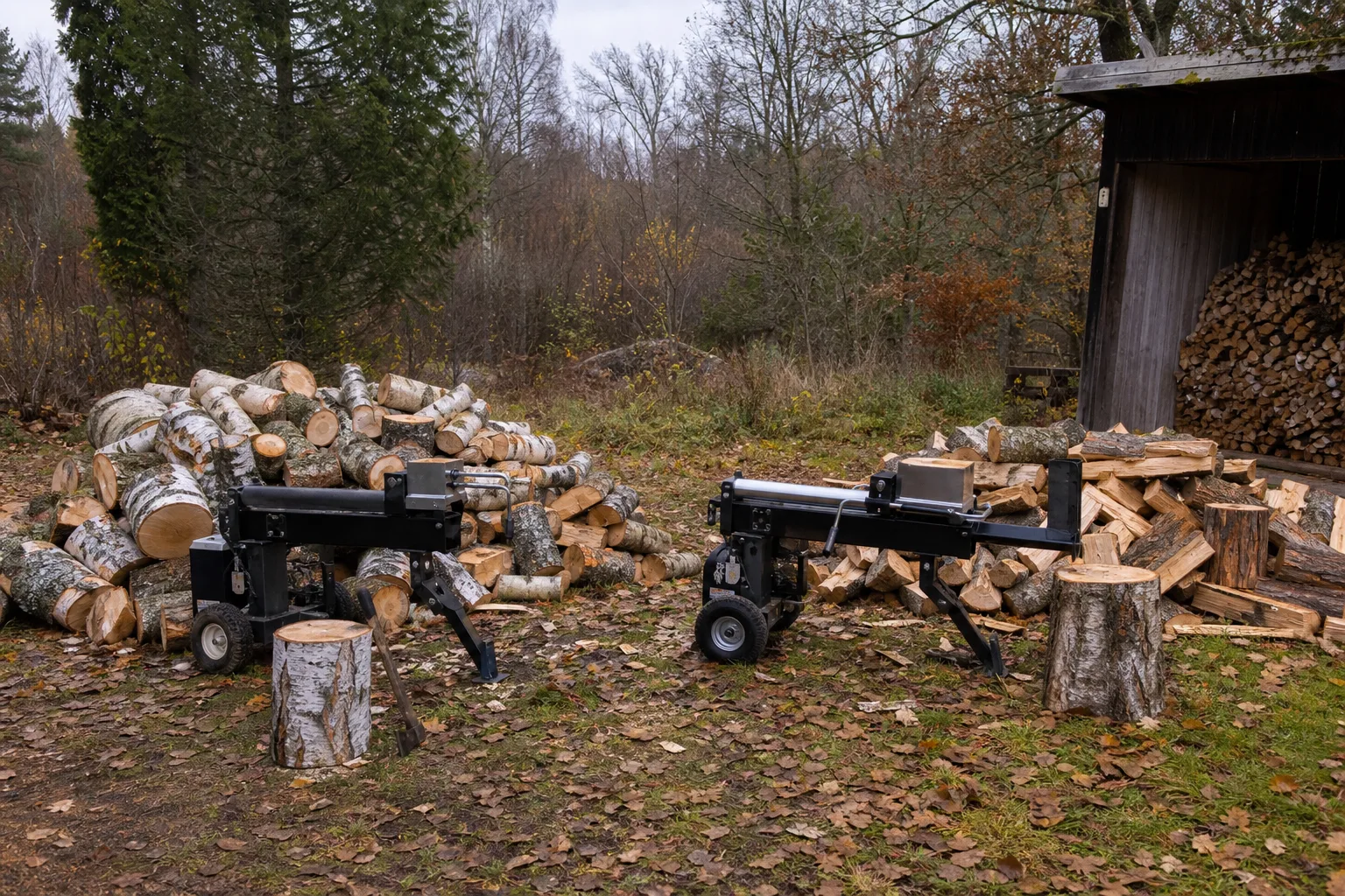 Två vedklyvar sida vid sida med olika vedtravar