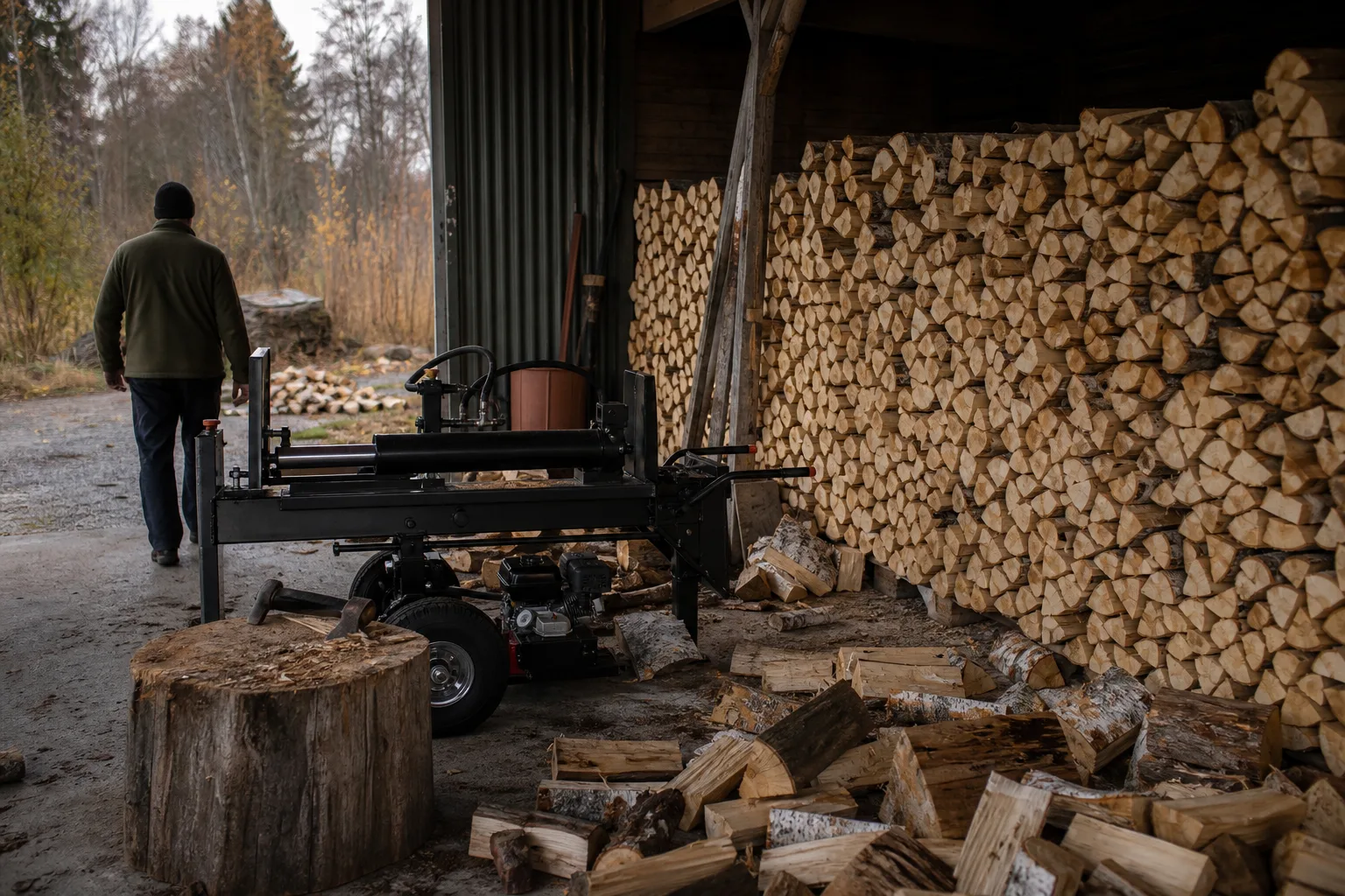 Kraftig trefasklyv bredvid en lång vedtrave i lantbruksverkstad