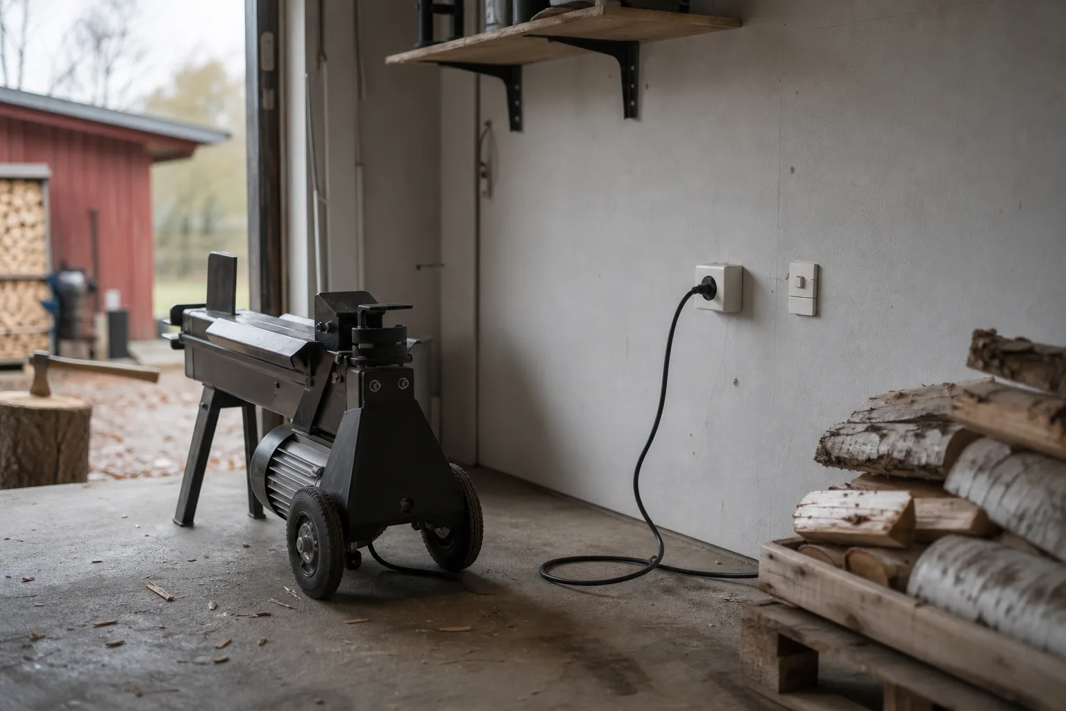 Vedklyv vid ett vägguttag med osträckt sladd i garage