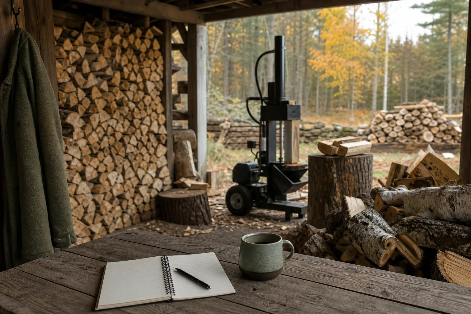 Anteckningsbok och kaffekopp i en vedbod