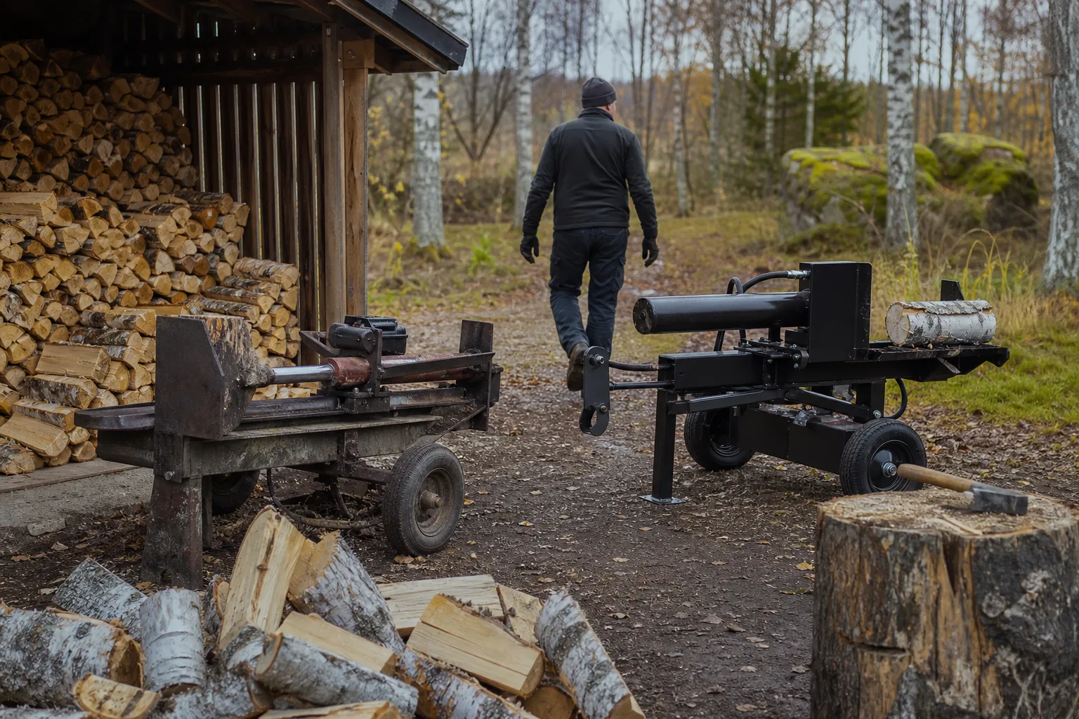 Äldre vedklyv bredvid en nyare ersättningsmodell