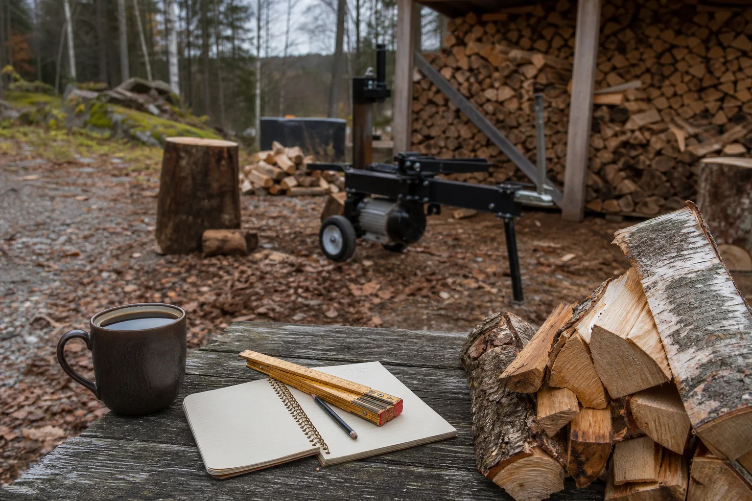 Tumstock, anteckningsbok och kaffekopp bredvid en vedhög