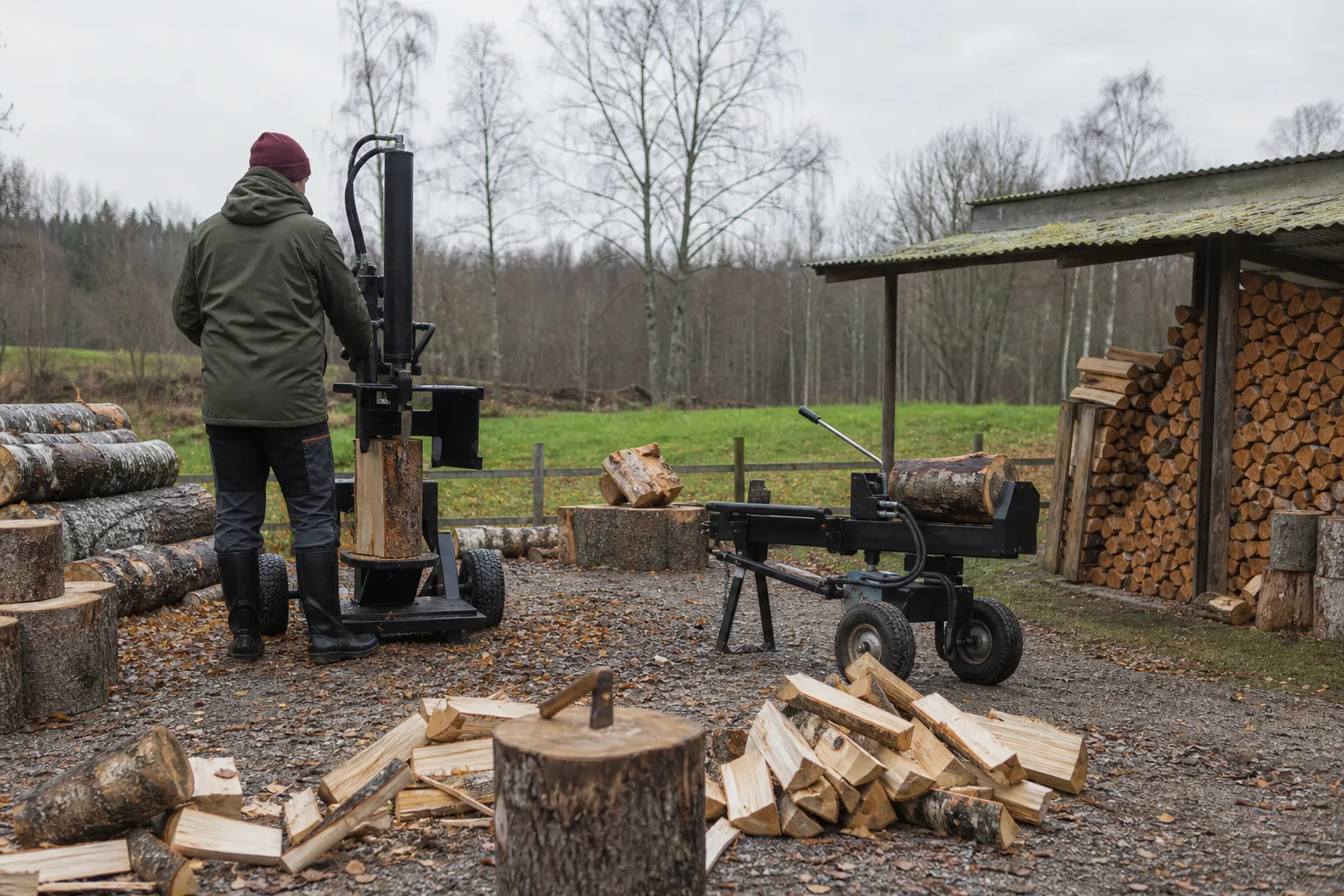 Stående och liggande vedklyv bredvid varandra