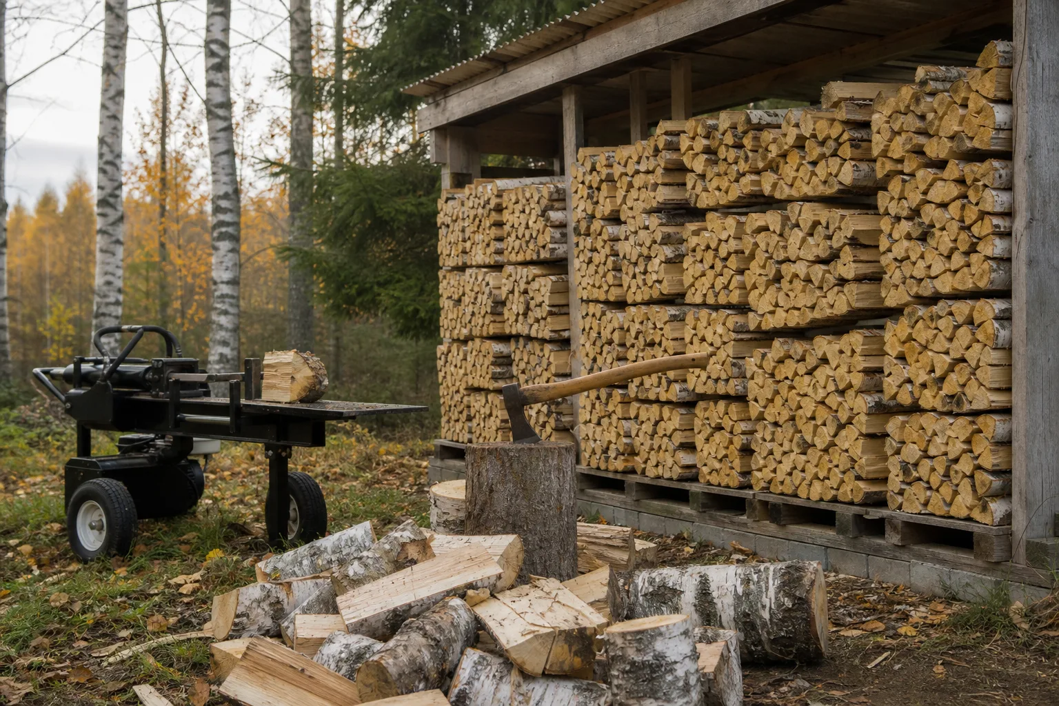 Luftigt travad vedstapel med ändträet vänt utåt