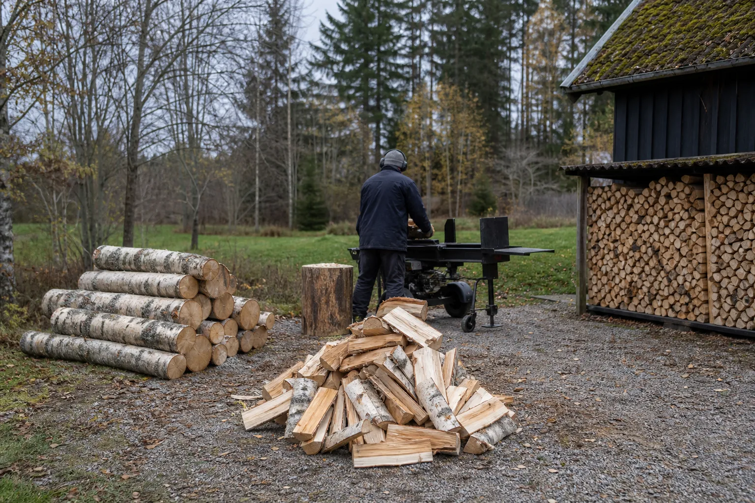 Stockar, kluvna kubbar och en vedstapel i tre grupper