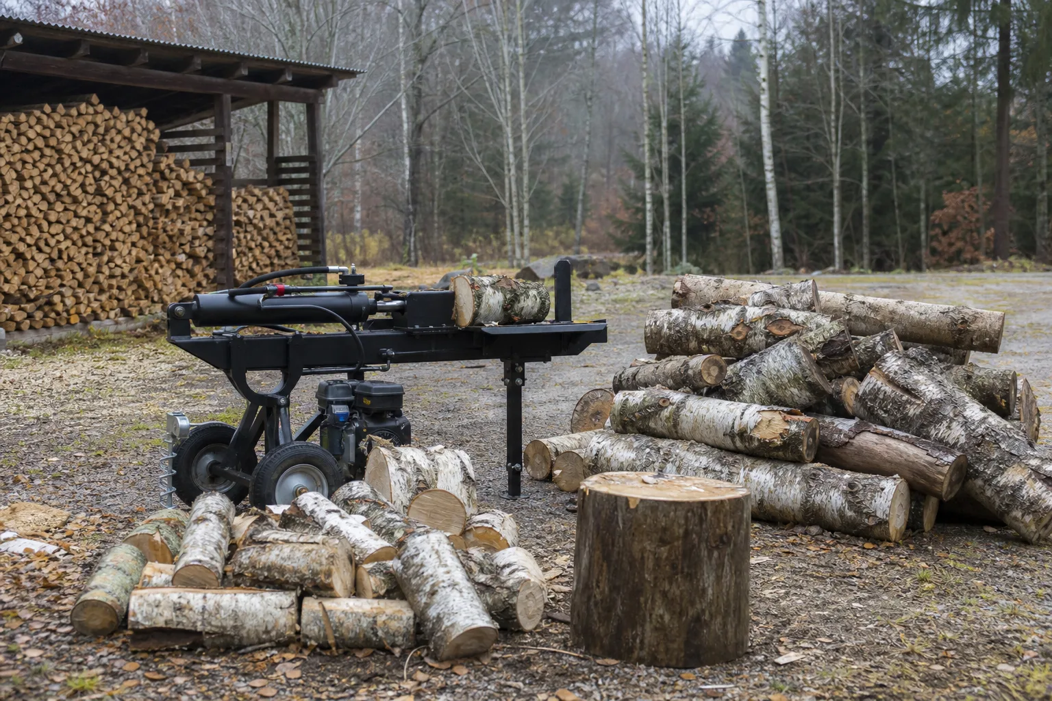 Vedkap bredvid en hög obearbetade stockar på gårdsplan