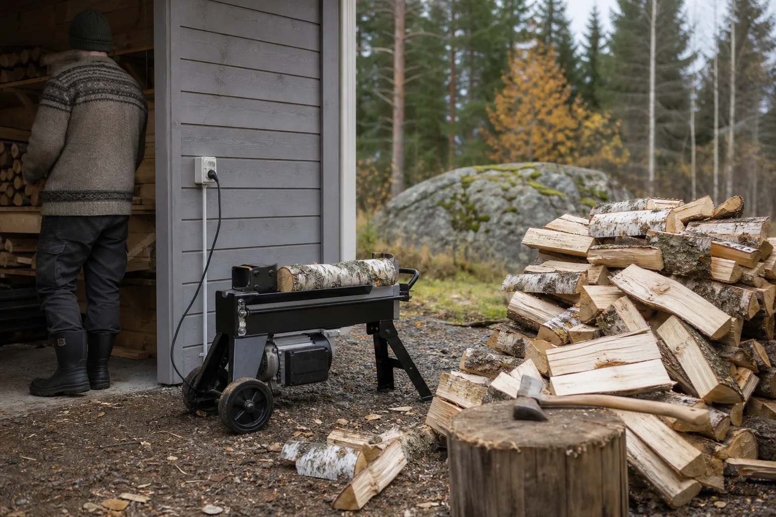 Vägguttag bredvid en vedklyv och kapad kaminved
