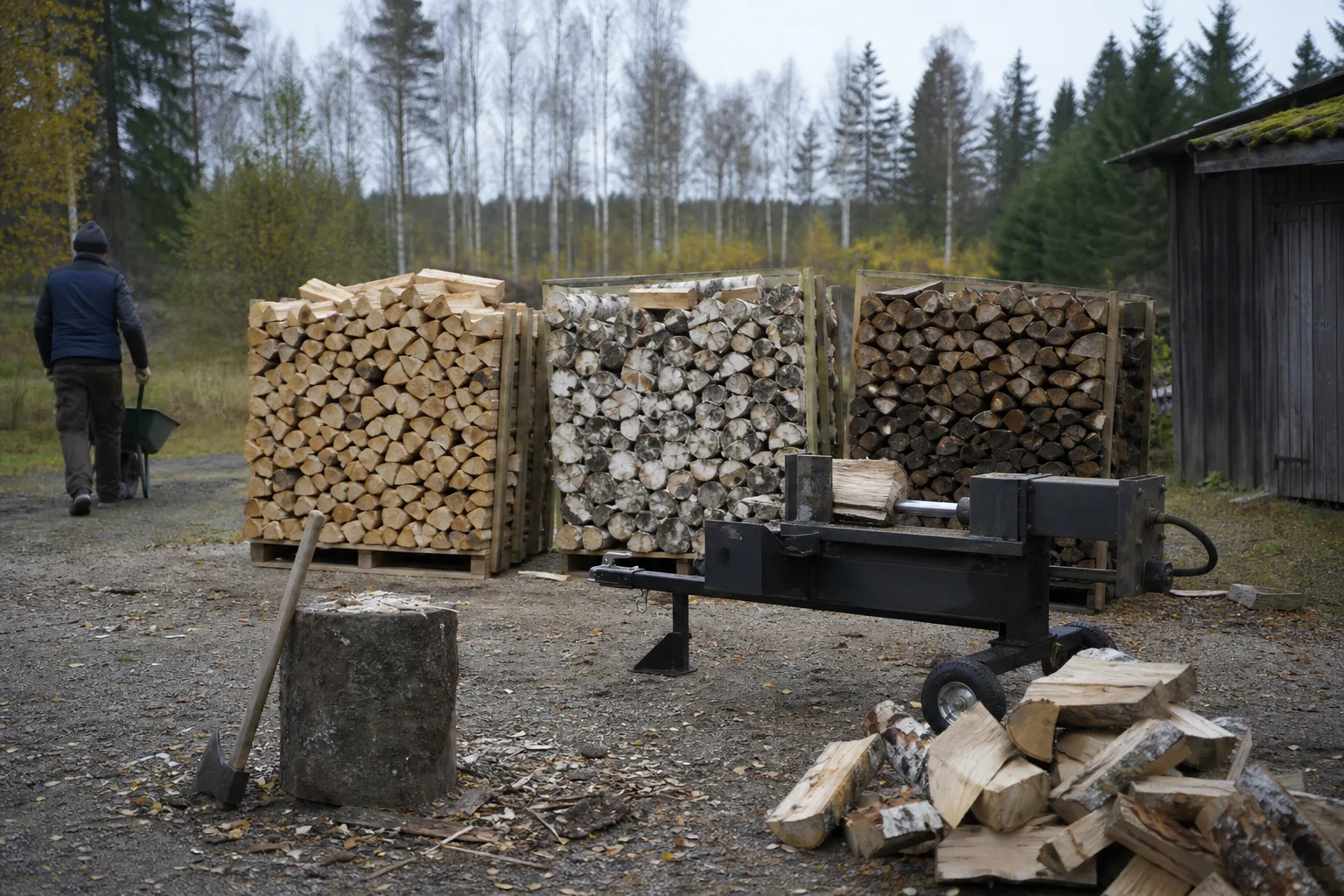 Tre vedtravar av olika träslag bredvid en vedklyv