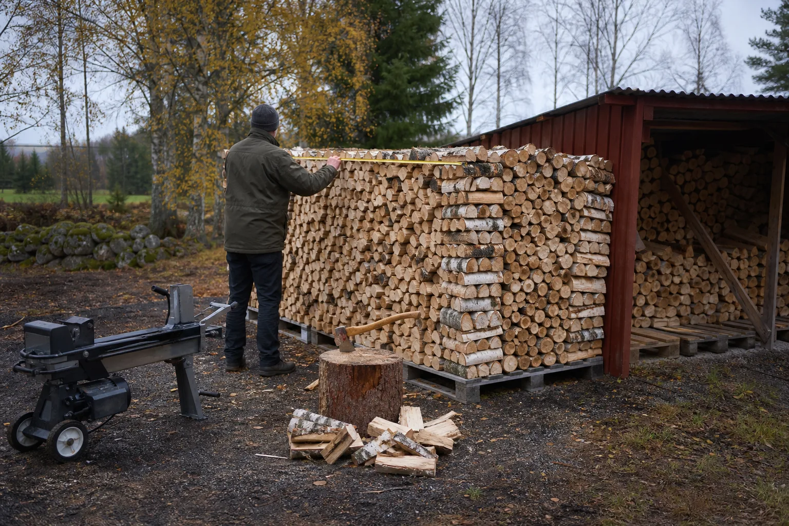Tumstock mäter en travad vedstapel på gårdsplan