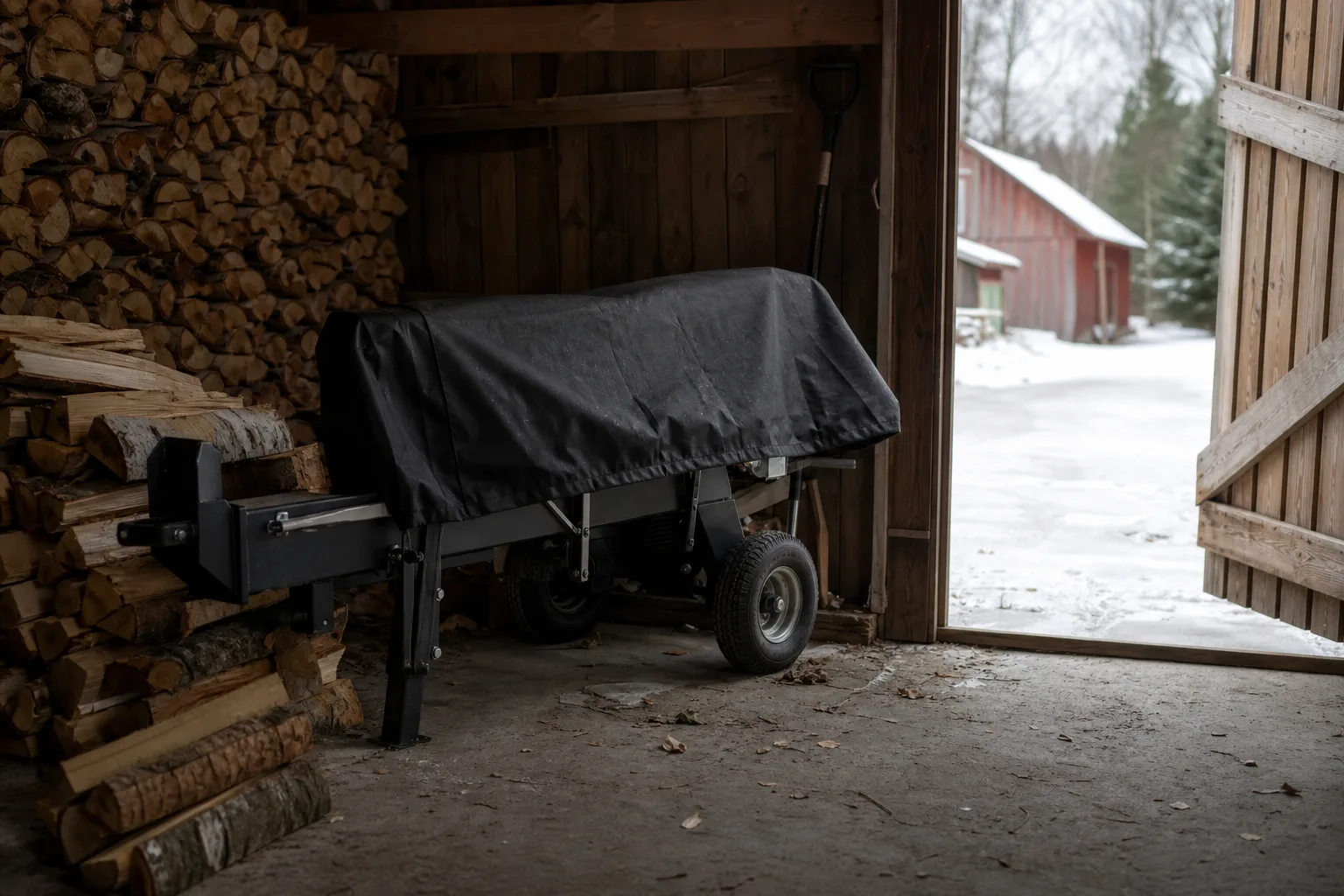 Övertäckt vedklyv i torrt förråd med snöig gårdsplan utanför
