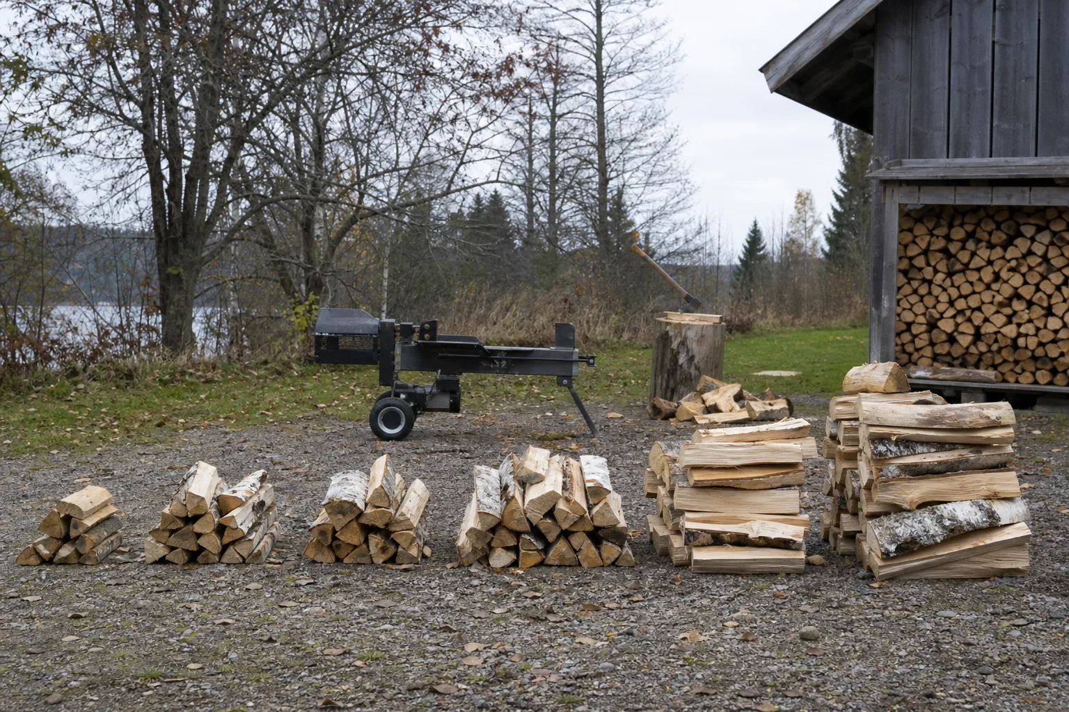 Flera vedtravar i olika storlek ordnade i rad